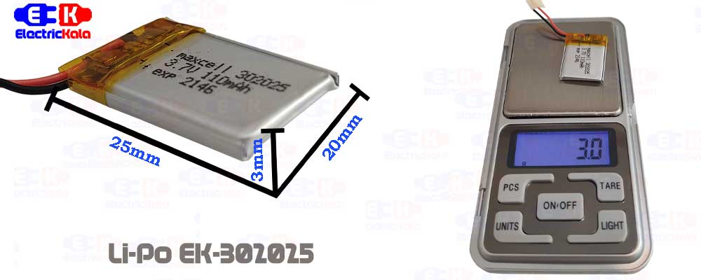 باتری لیتیوم پلیمر  3.7 ولت  110میلی آمپر  LiPo-MX-302025-110mAh